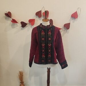 Icelandic Embroidered Burgundy Sweater Jacket